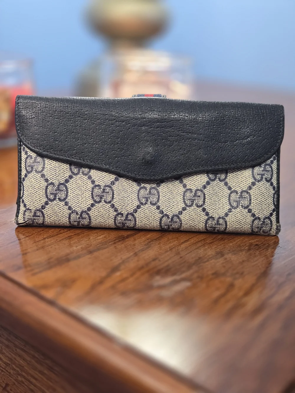 Vintage Gucci GG Canvas Sherry Line Wallet Black Leather Trim Italy Authentic - Picture 3 of 16